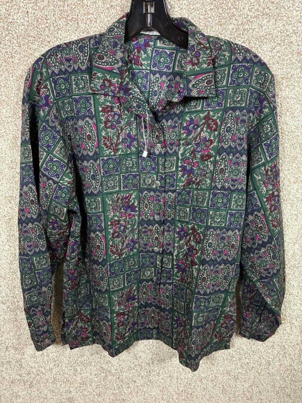 Vintage Jaeger 100% Wool Blouse Women 34 Green Paisley Floral Made Great Britain
